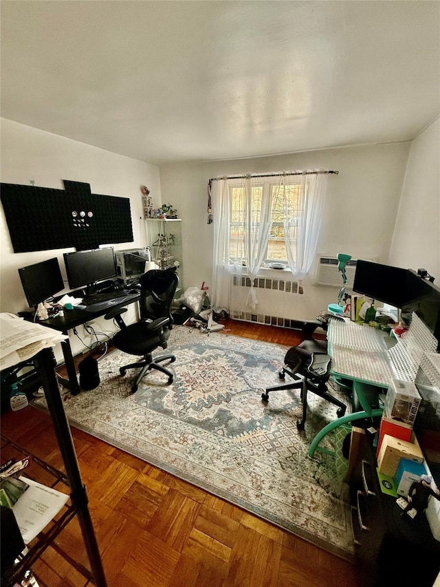 home office with radiator heating unit