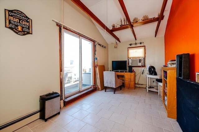 tiled office space with cooling unit, lofted ceiling with beams, and a baseboard heating unit