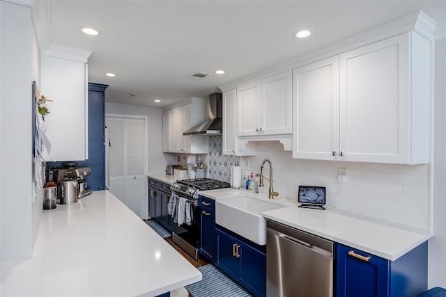 kitchen with stainless steel appliances, blue cabinets, sink, wall chimney range hood, and white cabinetry