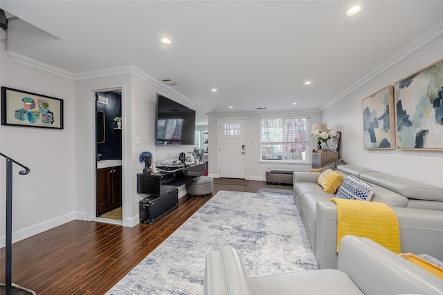 living room with crown molding and dark wood-type flooring