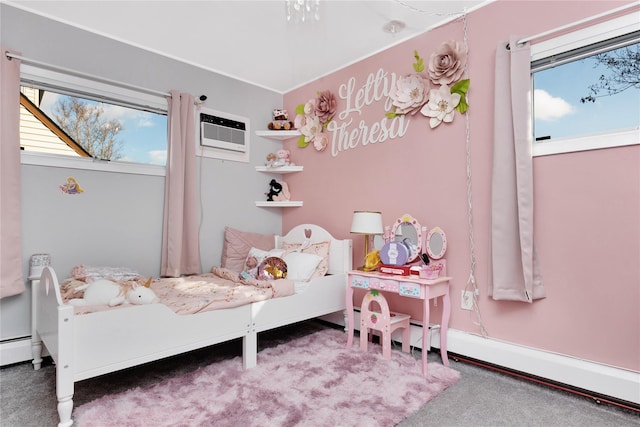 bedroom featuring carpet floors and a wall unit AC