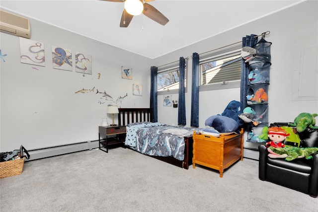 carpeted bedroom featuring ceiling fan, electric panel, baseboard heating, and a wall unit AC