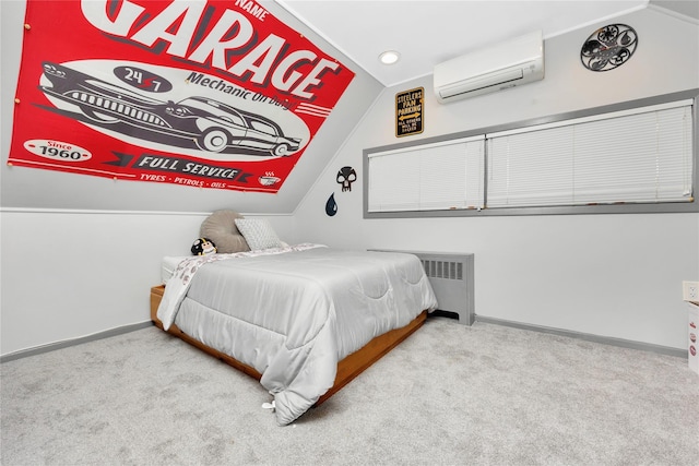 carpeted bedroom featuring a wall mounted air conditioner, radiator heating unit, and lofted ceiling