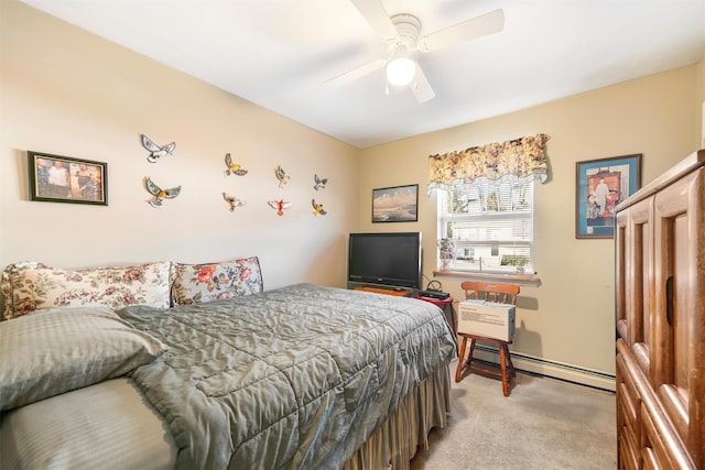 bedroom featuring ceiling fan, light colored carpet, and a baseboard radiator