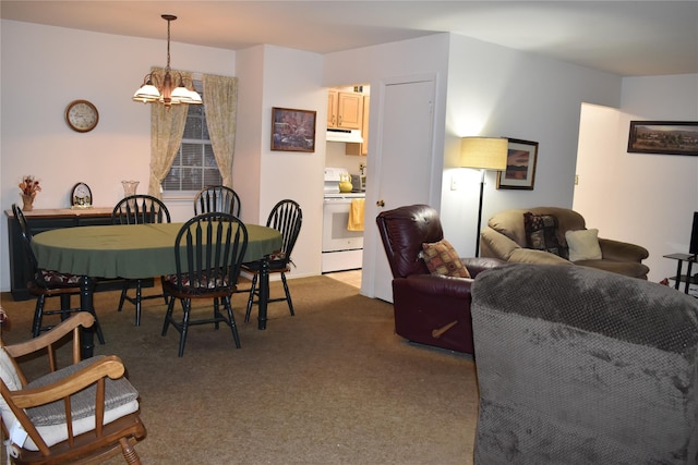 dining space featuring dark colored carpet and an inviting chandelier