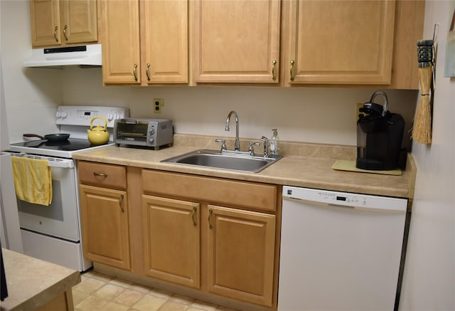 kitchen featuring light brown cabinets, dishwasher, stainless steel range with electric stovetop, and sink