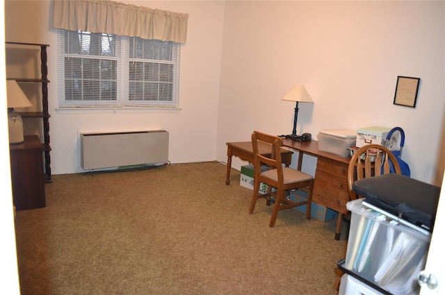 home office with light carpet and radiator heating unit