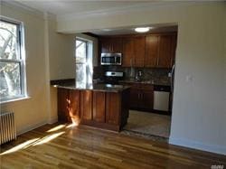 kitchen featuring a wealth of natural light, radiator heating unit, dark hardwood / wood-style floors, and range