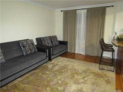 living room with hardwood / wood-style flooring and ornamental molding