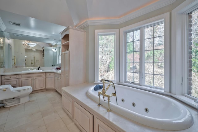 bathroom with lofted ceiling, vanity, shower with separate bathtub, and tile patterned flooring