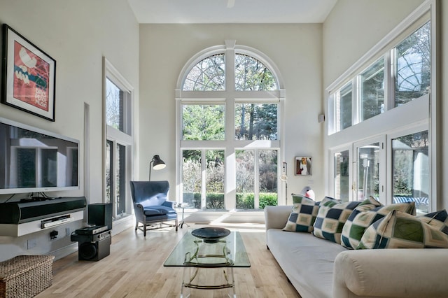 living room with a towering ceiling and light wood-type flooring