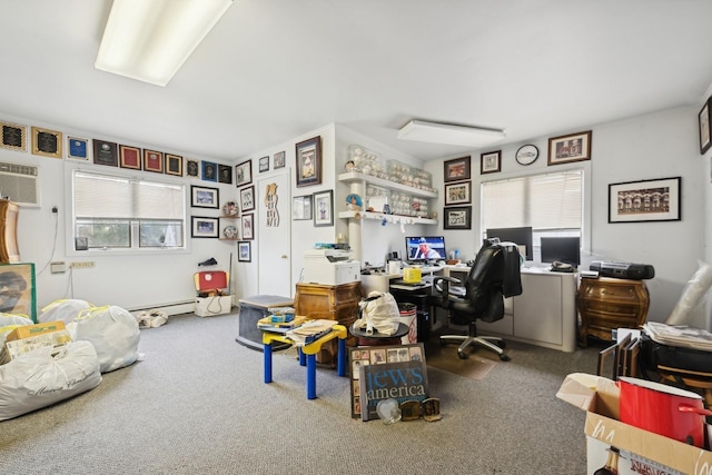 office space with carpet floors, a baseboard radiator, and a wall mounted air conditioner