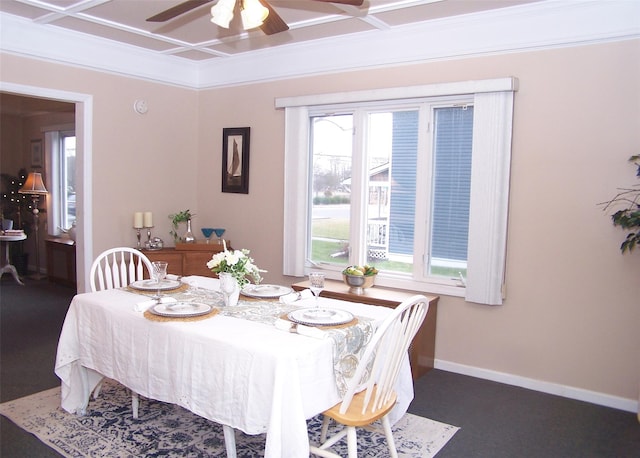 dining space with ceiling fan, dark carpet, crown molding, and coffered ceiling