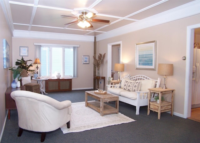 carpeted living room featuring ceiling fan, radiator heating unit, and coffered ceiling