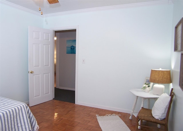 bedroom featuring ceiling fan, ornamental molding, and parquet flooring