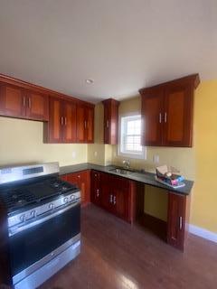 kitchen with sink, dark hardwood / wood-style flooring, and stainless steel range with gas stovetop