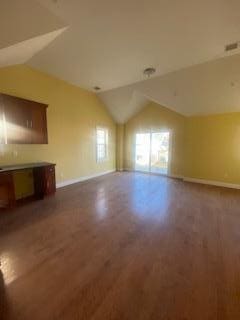 interior space featuring vaulted ceiling and dark wood-type flooring