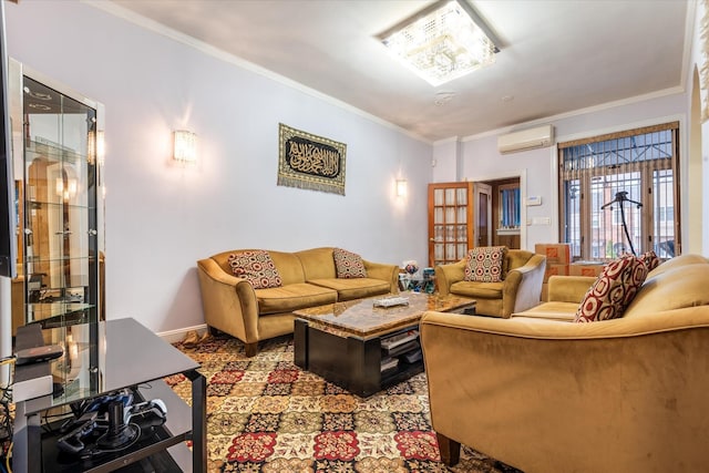 living room with a wall mounted air conditioner and crown molding