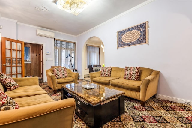 living room featuring carpet, a wall mounted AC, and crown molding