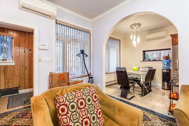 tiled dining area featuring crown molding, a wall unit AC, and a baseboard heating unit