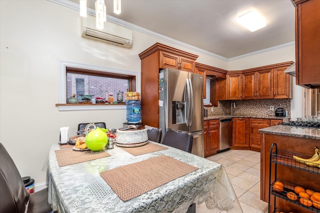 kitchen featuring backsplash, ornamental molding, stainless steel appliances, a wall mounted AC, and light tile patterned flooring