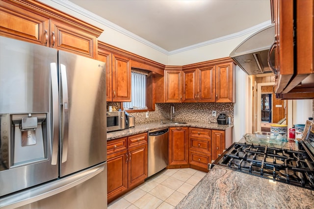 kitchen with sink, light tile patterned floors, ornamental molding, stainless steel appliances, and extractor fan