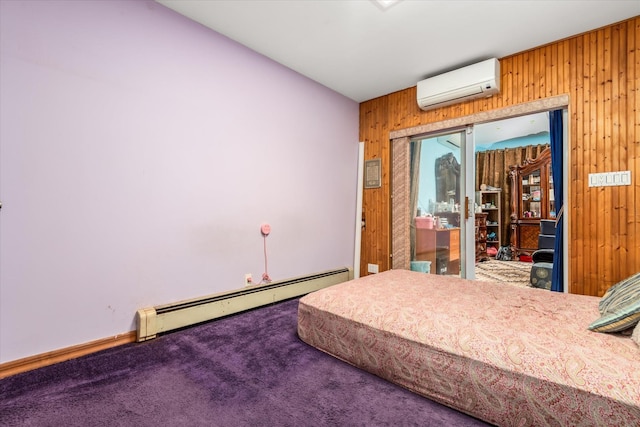 bedroom with wood walls, carpet floors, baseboard heating, and a wall unit AC