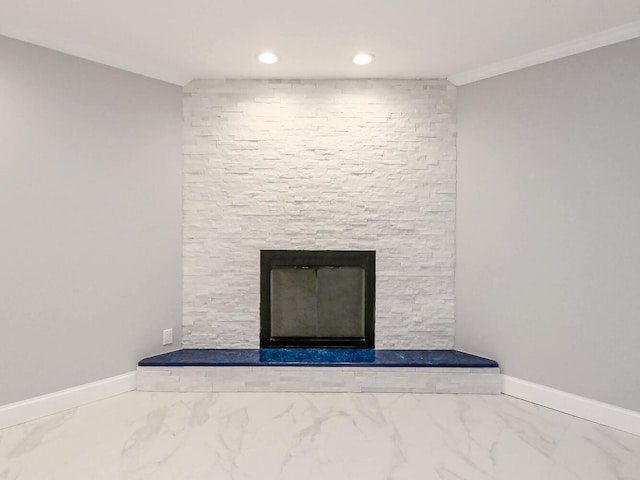 room details featuring a stone fireplace and crown molding