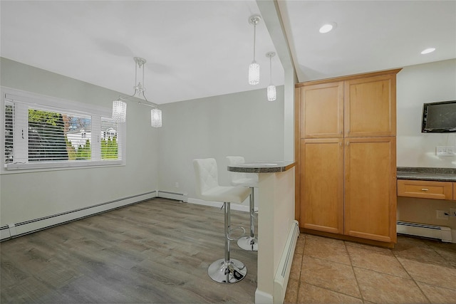 kitchen featuring pendant lighting, light hardwood / wood-style flooring, and a baseboard heating unit