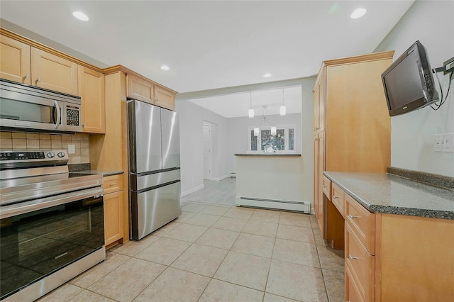 kitchen with light brown cabinets, a baseboard heating unit, decorative backsplash, light tile patterned floors, and stainless steel appliances