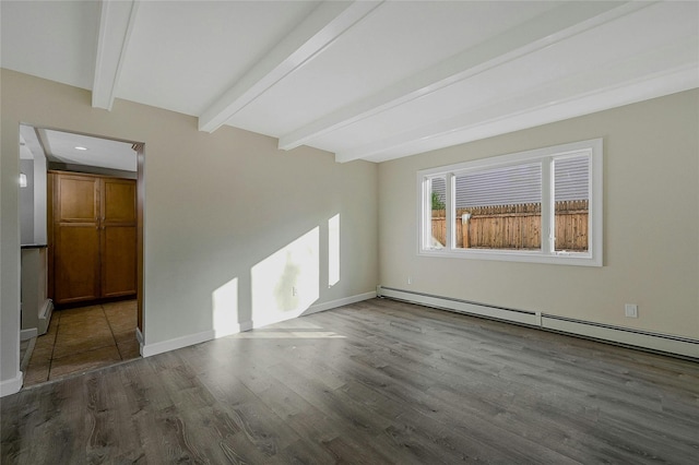 unfurnished room with baseboard heating, dark hardwood / wood-style flooring, and beamed ceiling