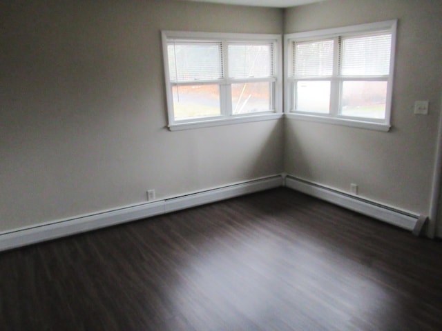 unfurnished room featuring a baseboard radiator and dark hardwood / wood-style floors