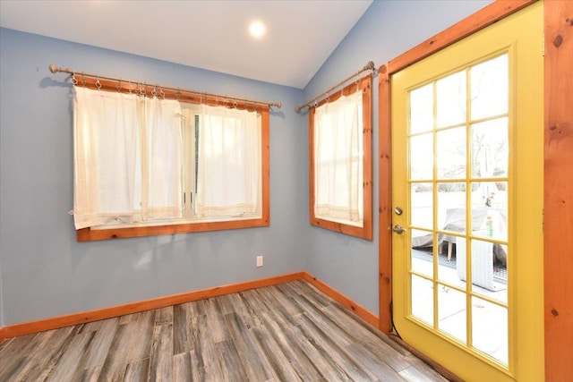 interior space with hardwood / wood-style floors and lofted ceiling