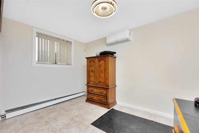 interior space featuring light tile patterned flooring, a wall unit AC, and a baseboard heating unit