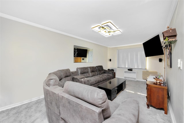 carpeted living room with crown molding and radiator