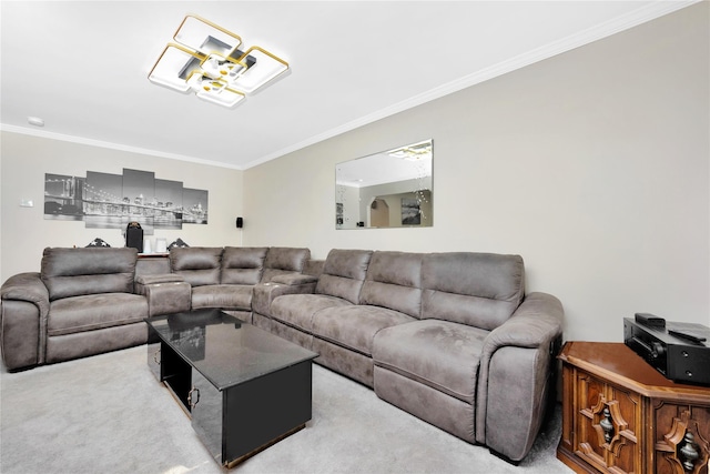 carpeted living room featuring crown molding