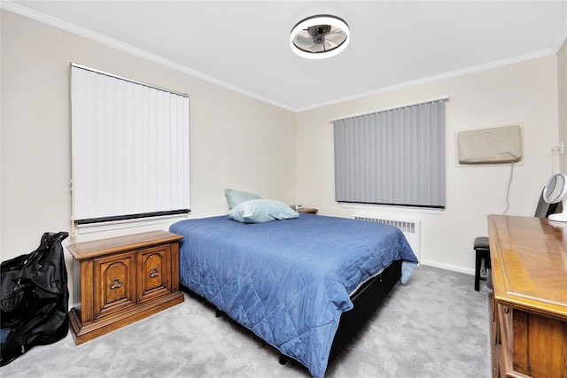 bedroom featuring light carpet, radiator, and ornamental molding