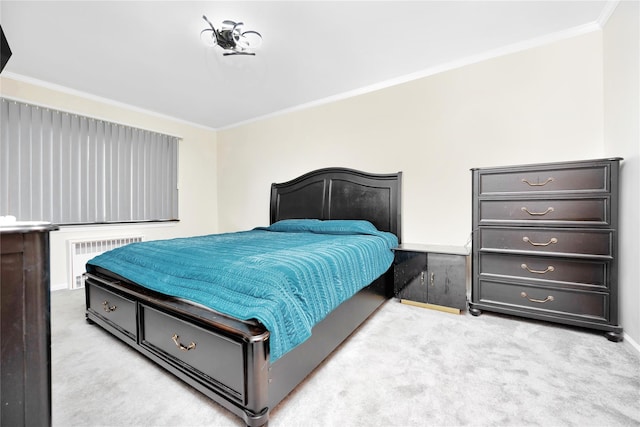 carpeted bedroom featuring radiator heating unit and crown molding