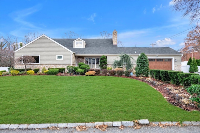 cape cod home with a front lawn and a garage