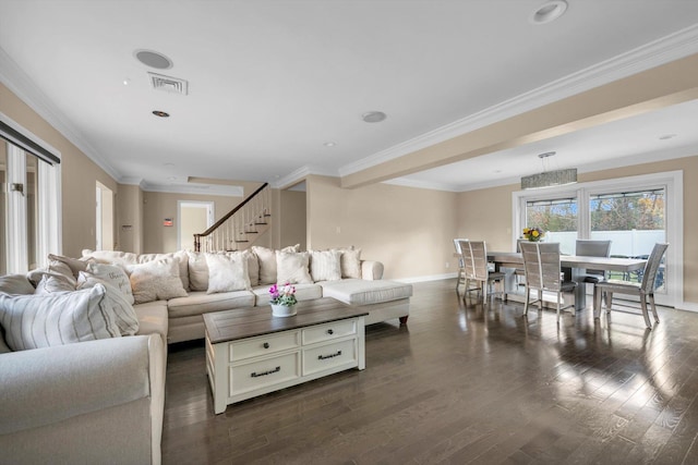 living room featuring crown molding and dark hardwood / wood-style floors