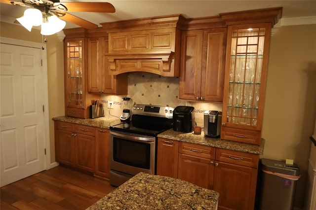 kitchen with stainless steel electric range oven, ceiling fan, dark hardwood / wood-style floors, backsplash, and stone counters