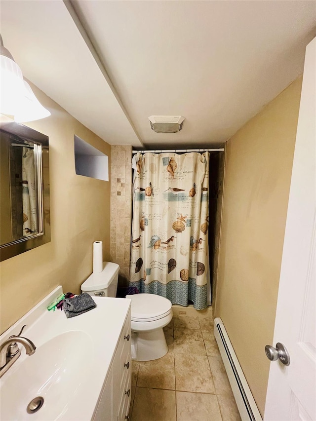 bathroom featuring toilet, vanity, tile patterned flooring, baseboard heating, and a shower with shower curtain