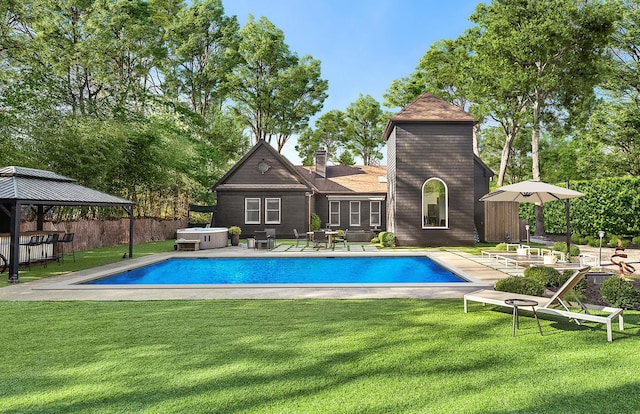 view of pool featuring a gazebo, a yard, and a patio