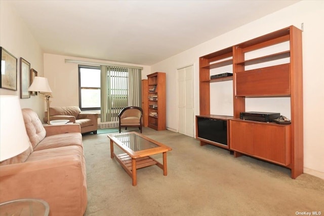 living room featuring light colored carpet