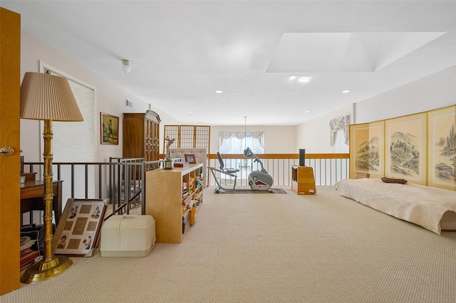 45 Bristol Dr, Manhasset, NY 11030 - sitting room featuring visible vents, carpet, recessed lighting, and an upstairs landing