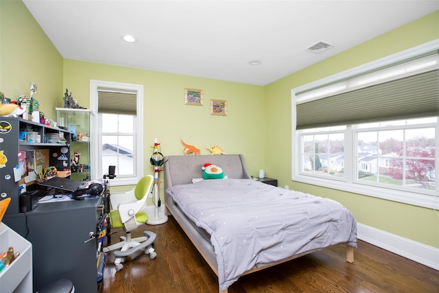 bedroom featuring multiple windows and dark wood-type flooring