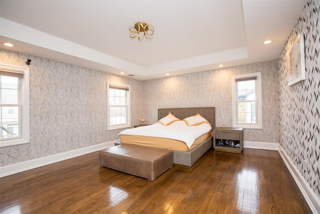 bedroom with a raised ceiling and dark hardwood / wood-style floors