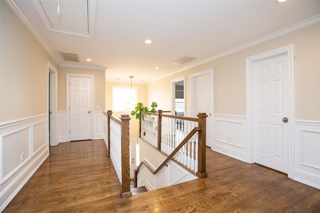 hallway with crown molding and dark wood-type flooring