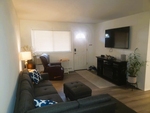 living room with hardwood / wood-style floors and a baseboard heating unit