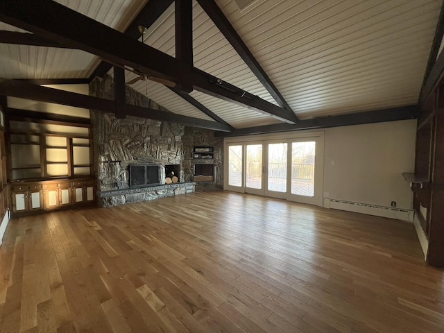 unfurnished living room with wood ceiling, baseboard heating, wood-type flooring, lofted ceiling with beams, and a stone fireplace